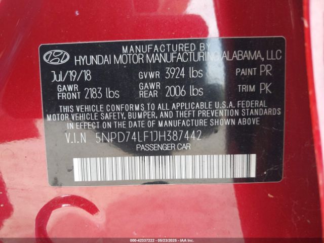 5NPD74LF1JH387442 Hyundai ELANTRA SE