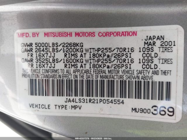 2001 MITSUBISHI MONTERO SPORT JA4LS31R21P054554 Photo 8