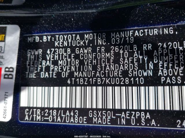4T1BZ1FB7KU028110 Toyota Avalon Limited/touring/xle/xse
