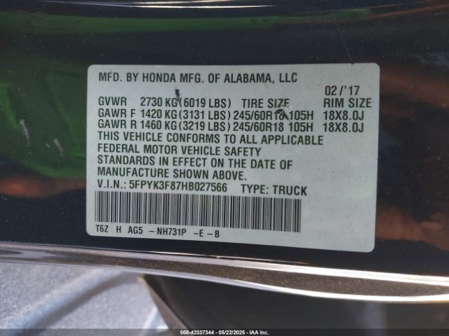5FPYK3F87HB027566 Honda j35y6