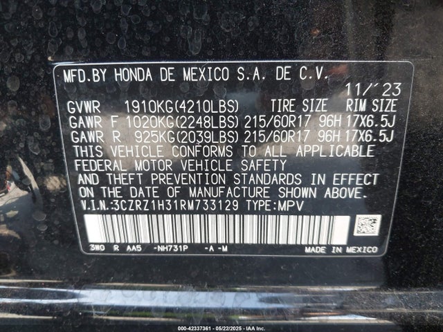 3CZRZ1H31RM733129 Honda k20z5