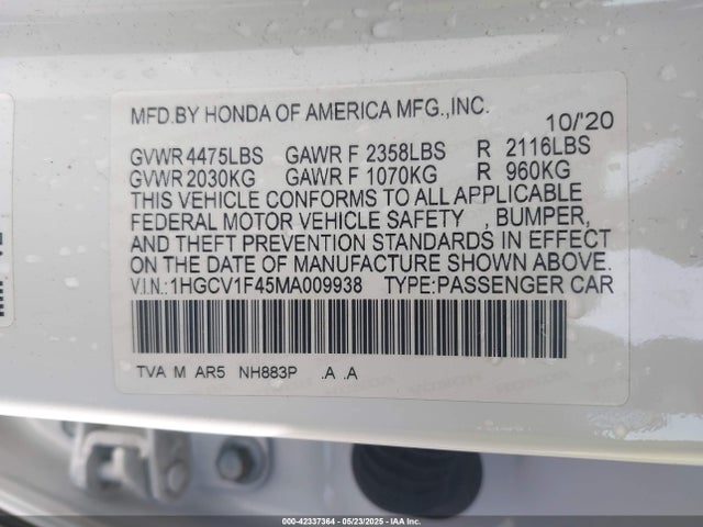 1HGCV1F45MA009938 Honda l15be
