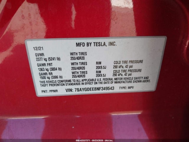 2022 TESLA MODEL Y 7SAYGDEE8NF349543 Photo 8