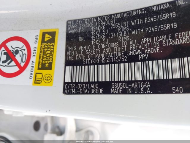 5TDYKRFH5GS145752 Toyota 2gr-fe