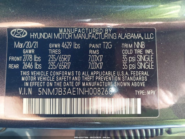 5NMJB3AE1NH008268 Hyundai gdi theta iii