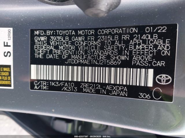 JTDDPMAE1NJ215869 Toyota 2zr-fae