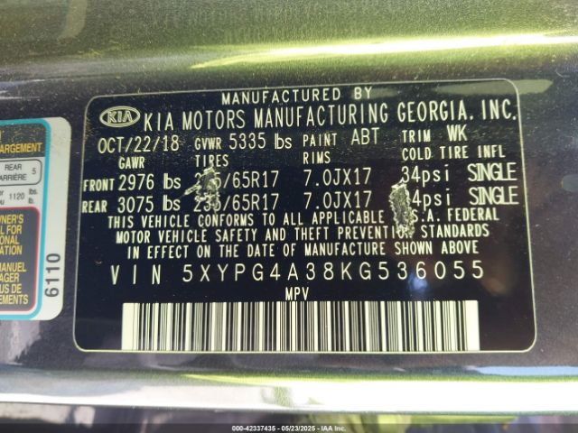5XYPG4A38KG536055 KIA Sorento 2.4l Lx