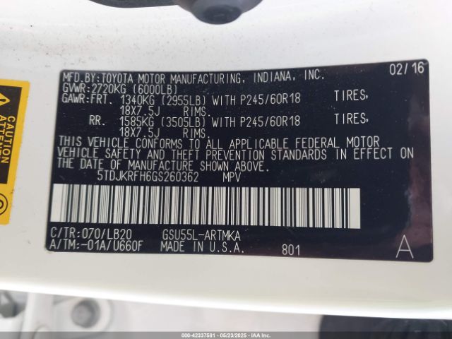 5TDJKRFH6GS260362 Toyota Highlander Xle V6