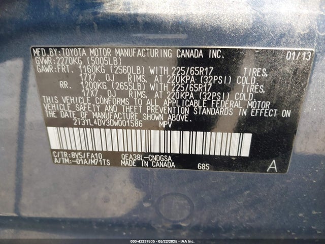 42337605 :رقم المزاد ، 2T3YL4DV3DW001586 vin ، 2013 Toyota Rav4 Ev مزاد بيع
