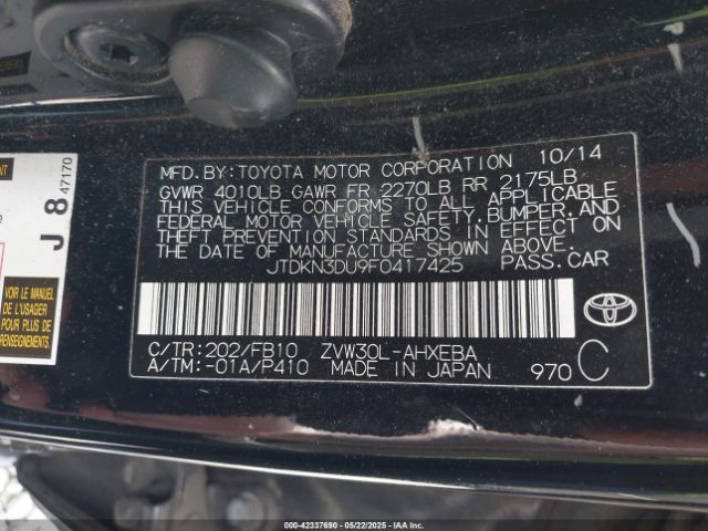 JTDKN3DU9F0417425 Toyota Prius Two