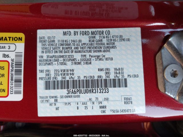 3FA6P0LU0HR313233 Ford 2.0l 4v atk hev
