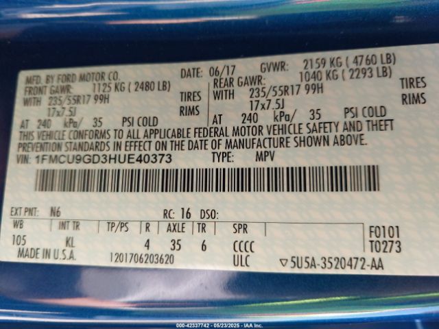 1FMCU9GD3HUE40373 Ford ESCAPE SE
