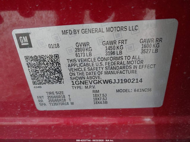 1GNEVGKW6JJ190214 Chevrolet lfy - spark ignited direct injection, atss, gen 1