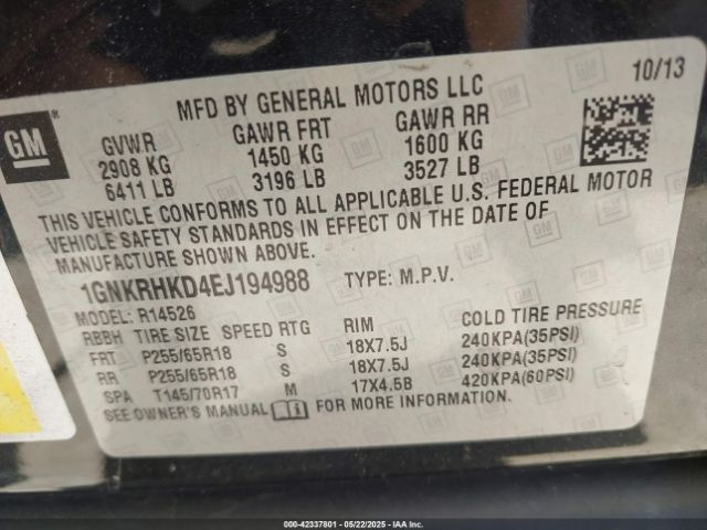 1GNKRHKD4EJ194988 Chevrolet Traverse 2lt