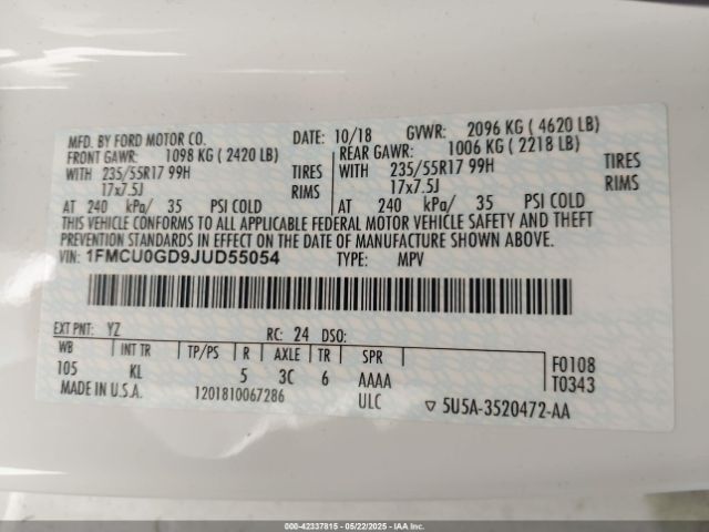 2018 FORD ESCAPE 1FMCU0GD9JUD55054 Photo 8