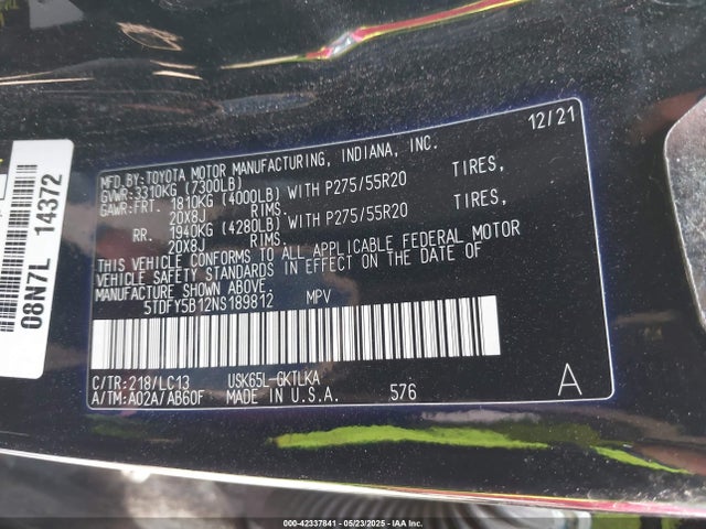 5TDFY5B12NS189812 Toyota 3ur-fe