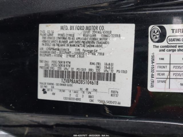 2011 FORD MUSTANG 1ZVBP8AM3B5104618 Photo 8
