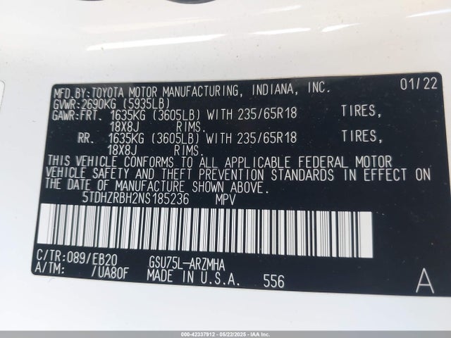 5TDHZRBH2NS185236 Toyota 2gr-fks