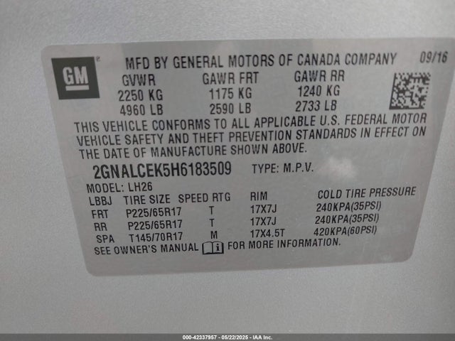 2GNALCEK5H6183509 Chevrolet EQUINOX LT