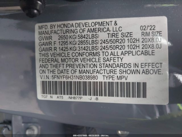 5FNYF6H31NB038980 Honda j35y6