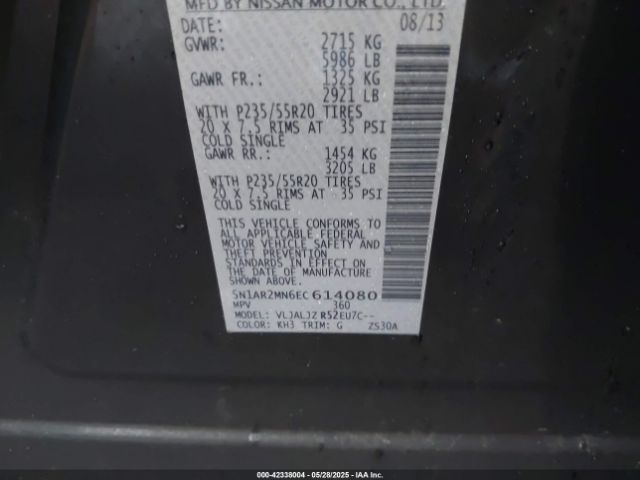 5N1AR2MN6EC614080 Nissan Pathfinder Platinum