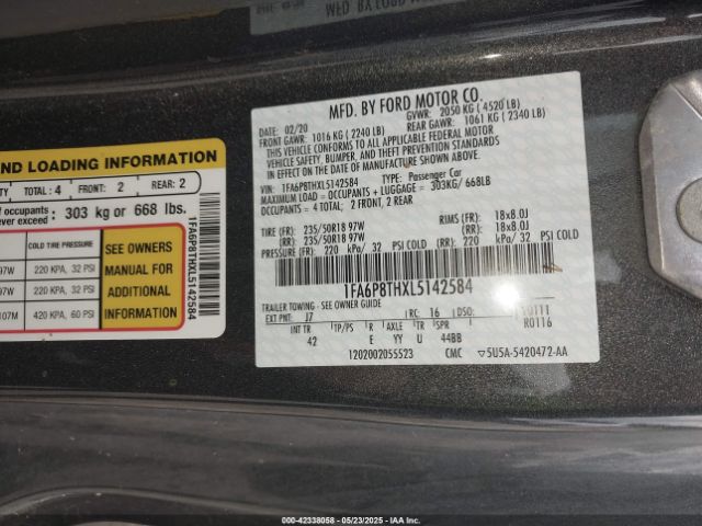 1FA6P8THXL5142584 Ford Mustang Ecoboost Premium Fastback