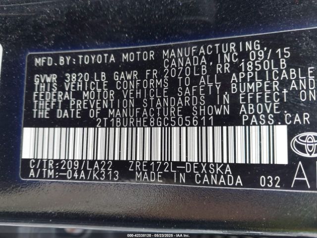 2T1BURHE8GC505611 Toyota Corolla S Premium