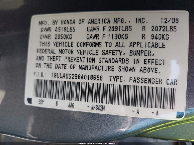 Aukcja sprzedaży 2006 Acura Tl, vin: 19UUA66296A018656, numer aukcji: 42338140