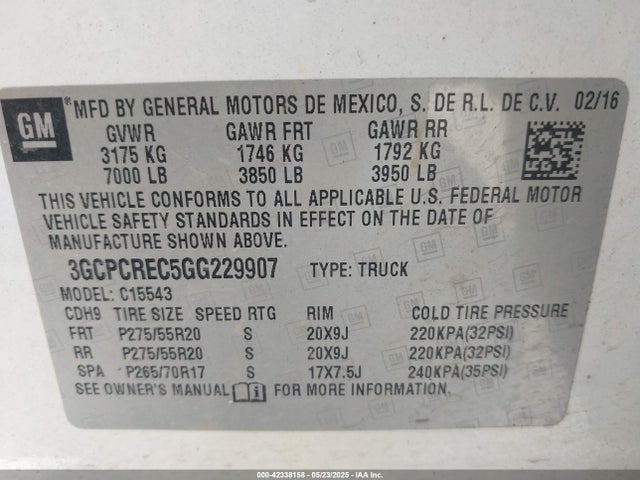 3GCPCREC5GG229907 Chevrolet l83 - sidi, vvt, afm, e85 max, aluminum