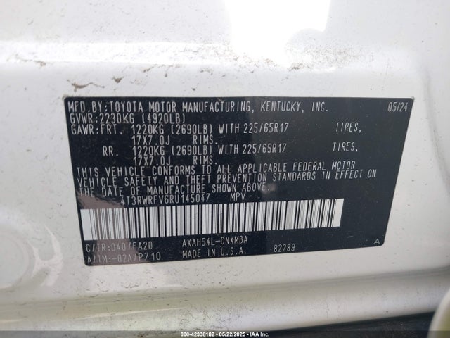 4T3RWRFV6RU145047 Toyota Rav4 Hybrid Xle