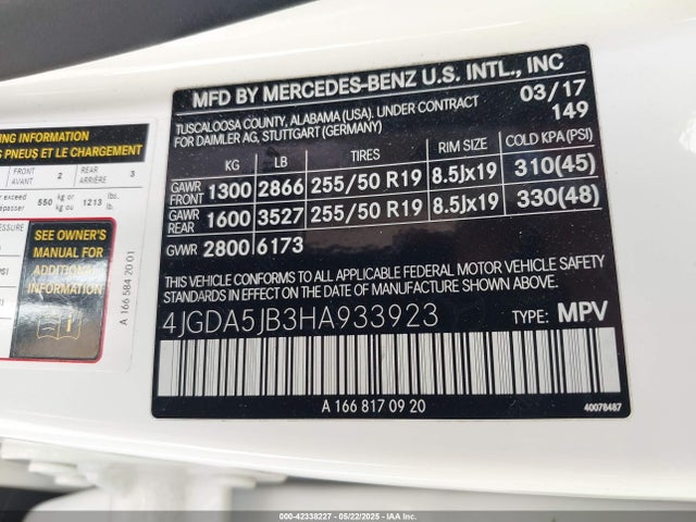4JGDA5JB3HA933923 Mercedes-Benz m276
