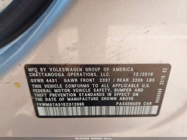 2019 VOLKSWAGEN PASSAT 1VWMA7A31KC012995 Photo 8
