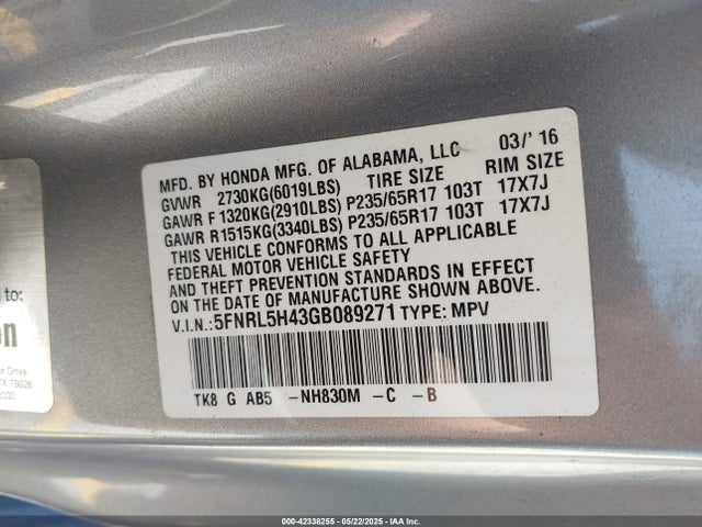 5FNRL5H43GB089271 Honda j35z8