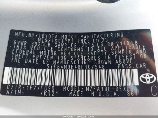 5YFB4MDE4RP107548 Toyota COROLLA LE