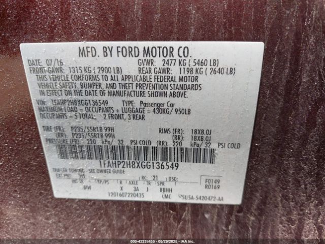 1FAHP2H8XGG136549 Ford TAURUS SEL