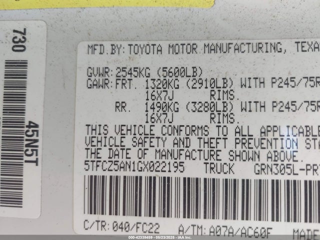 5TFCZ5AN1GX022195 Toyota Tacoma Sr V6/sr5 V6/trd Off Road/trd Sport
