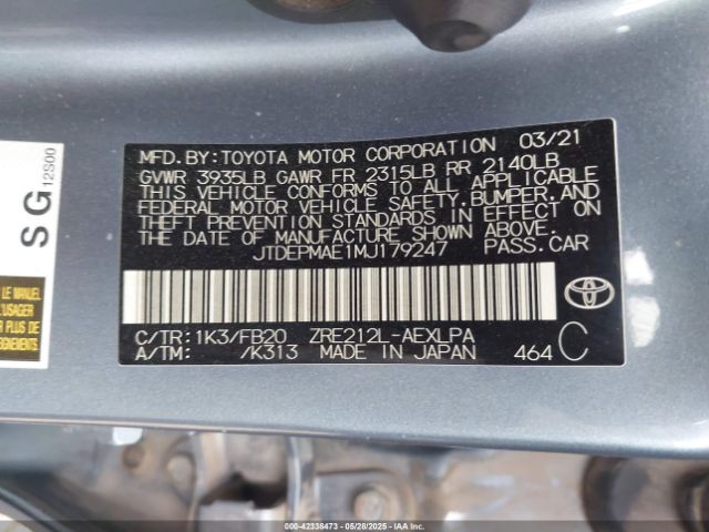 JTDEPMAE1MJ179247 Toyota 2zr-fae