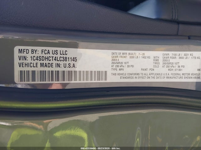42338495 :رقم المزاد ، 1C4SDHCT4LC381145 vin ، 2020 Dodge Durango R/t Rwd مزاد بيع