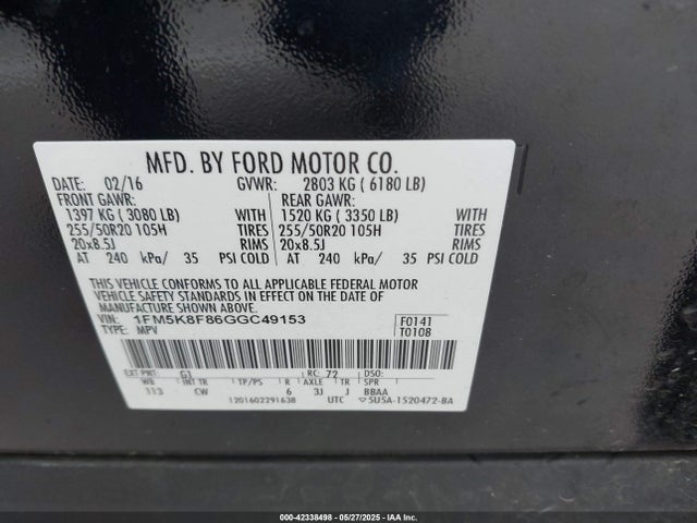 1FM5K8F86GGC49153 Ford Explorer Limited