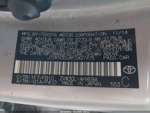 JTDKN3DU8F0427475 Toyota Prius Three