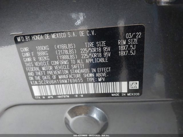3CZRU6H19NM769655 Honda Hr-v Awd Sport