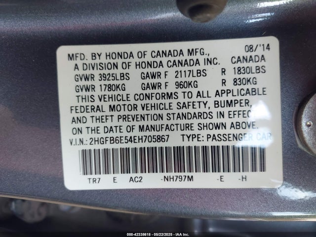 2HGFB6E54EH705867 Honda k24z7