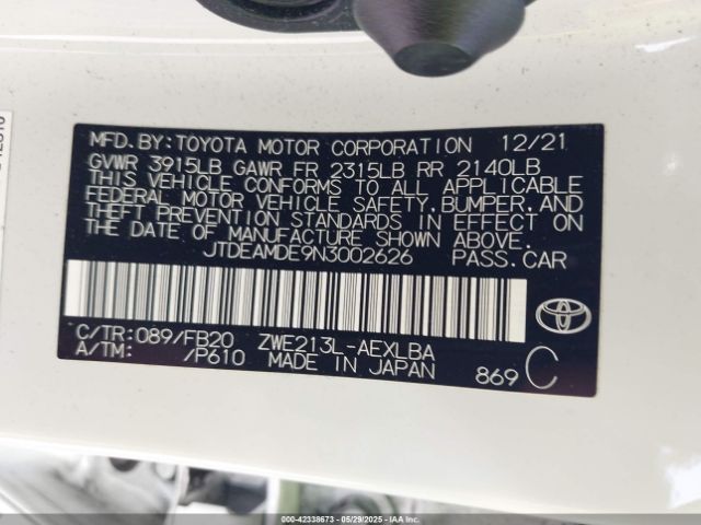 JTDEAMDE9N3002626 Toyota Corolla Hybrid Le