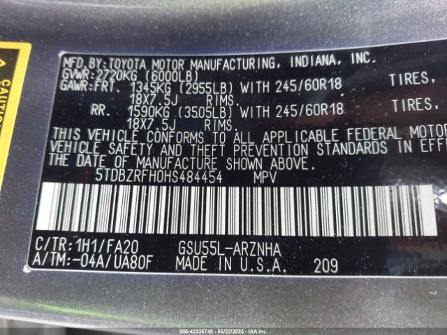 2017 TOYOTA HIGHLANDER 5TDBZRFH0HS484454 Photo 8