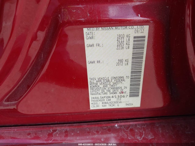 Продажа на аукционе авто 2013 Nissan Altima 2.5 S, vin: 1N4AL3AP5DN453067, номер лота: 42338833