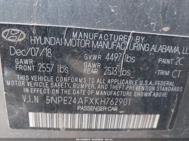 5NPE24AFXKH762901 Hyundai SONATA SE