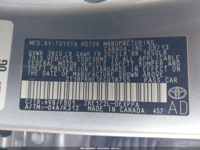 2T1BPRHE1EC018755 Toyota 2zr-fae