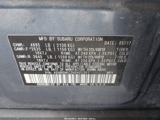 4S4BSAKC2H3402351 Subaru Outback 2.5i Limited