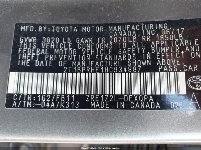 2T1BPRHE1HC934887 Toyota 2zr-fae