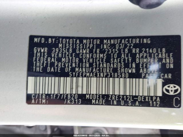 5YFEPMAEXNP318580 Toyota COROLLA LE